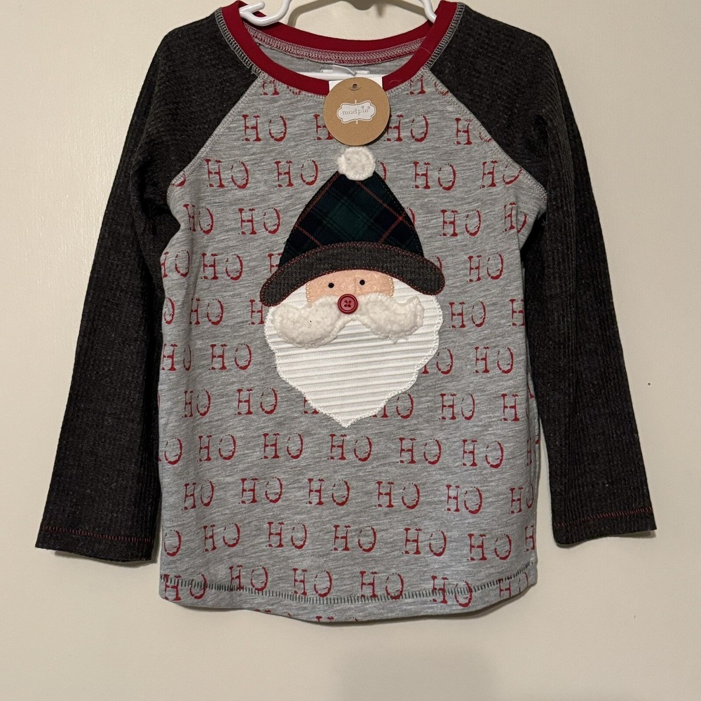 Mud Pie Santa Alpine Boy Long Sleeve Shirt Gray Red Raglan 4T-5T NEW